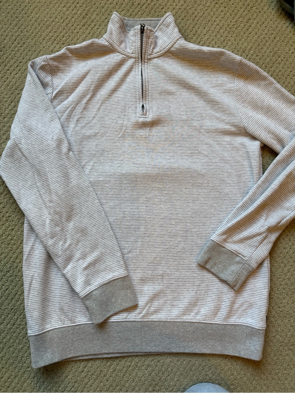 Chaps Men's Zip-Up Sweater in Light Beige and Gray Stripe
